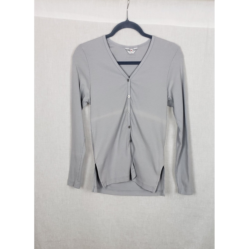 Hard Tail Forever Gray Ribbed V-Neck Button Front Cardigan Top L Casual USA Y2K